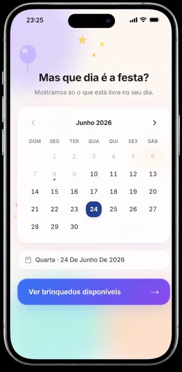 Tela real da vitrine BrinqueFlow perguntando a data da festa, com calendário mostrando só os dias livres