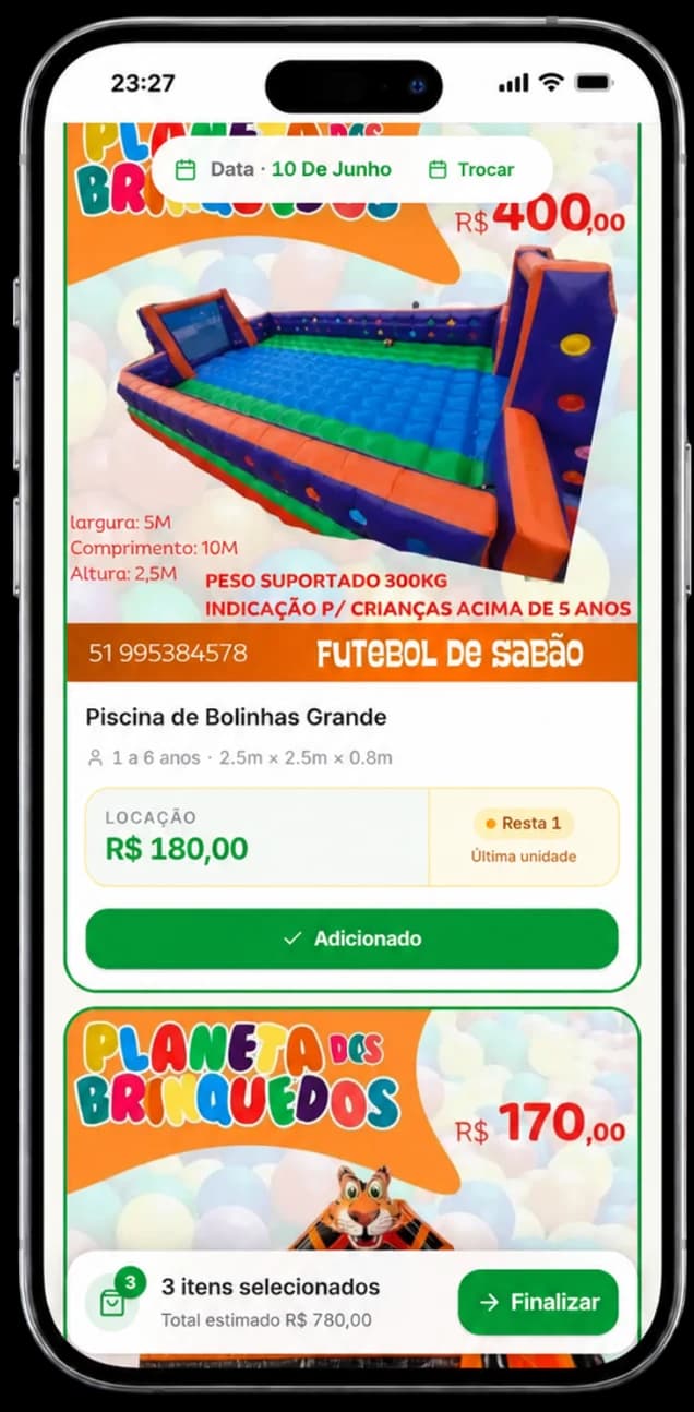 Tela real da vitrine BrinqueFlow mostrando um brinquedo filtrado pela data, com 'Resta 1' e botão Adicionado
