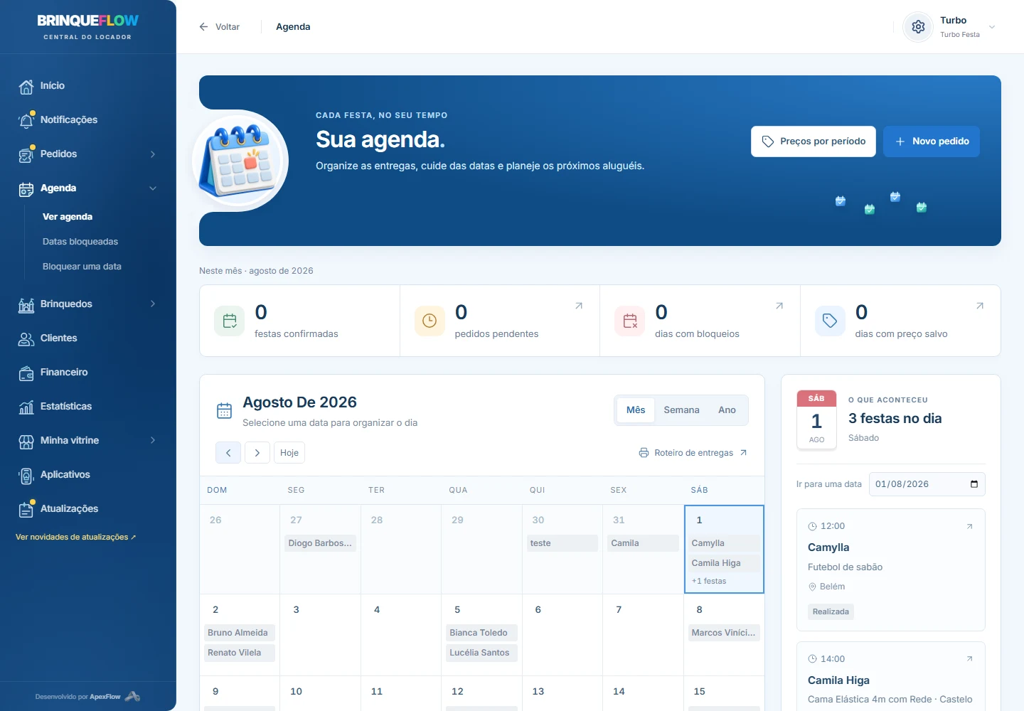 Tela do BrinqueFlow: Agenda e reservas