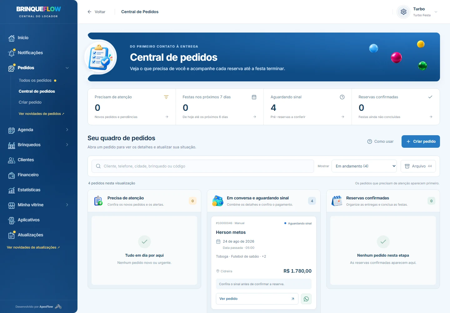 Tela do BrinqueFlow: Central de pedidos