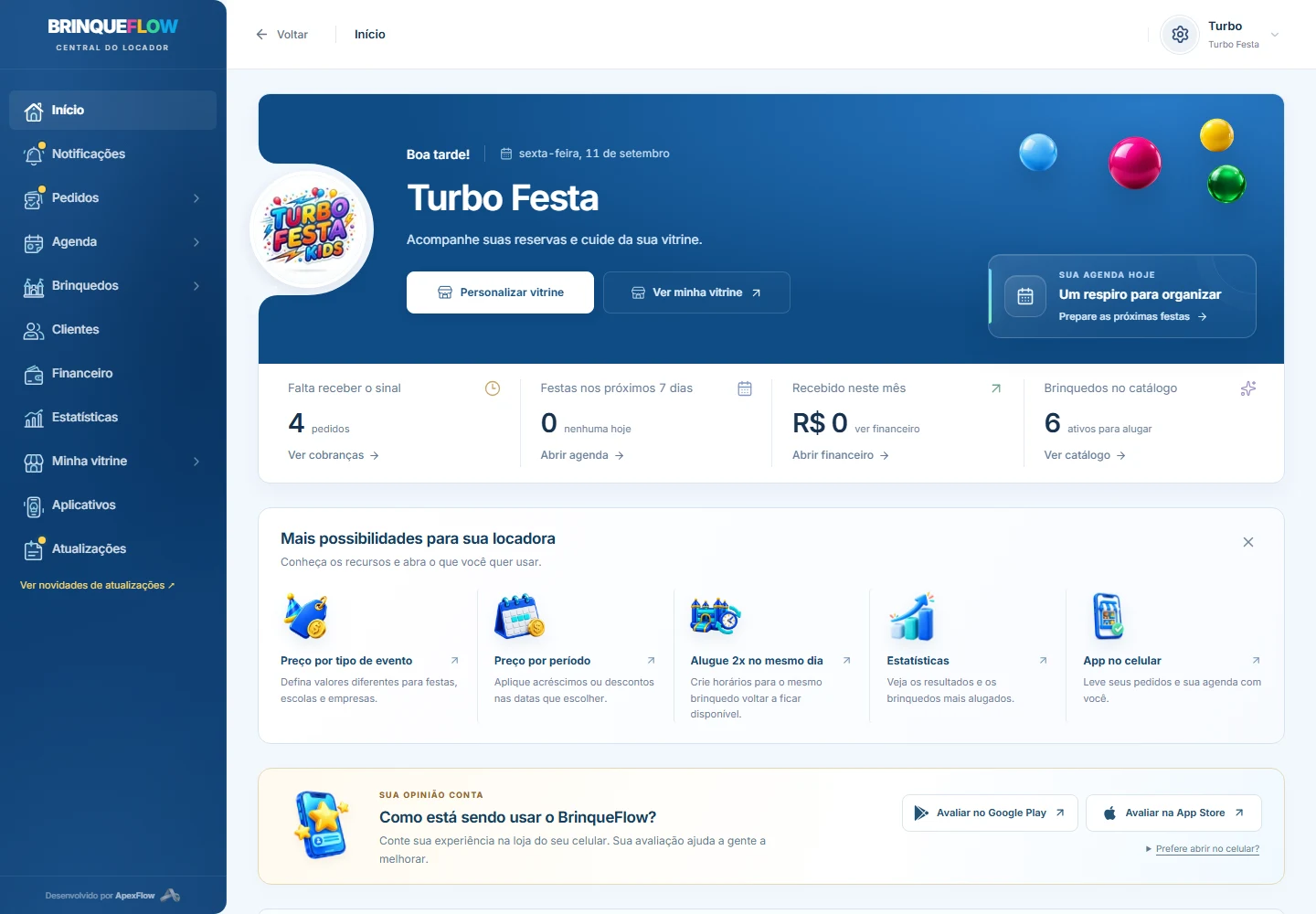 Painel atual do BrinqueFlow na conta de teste