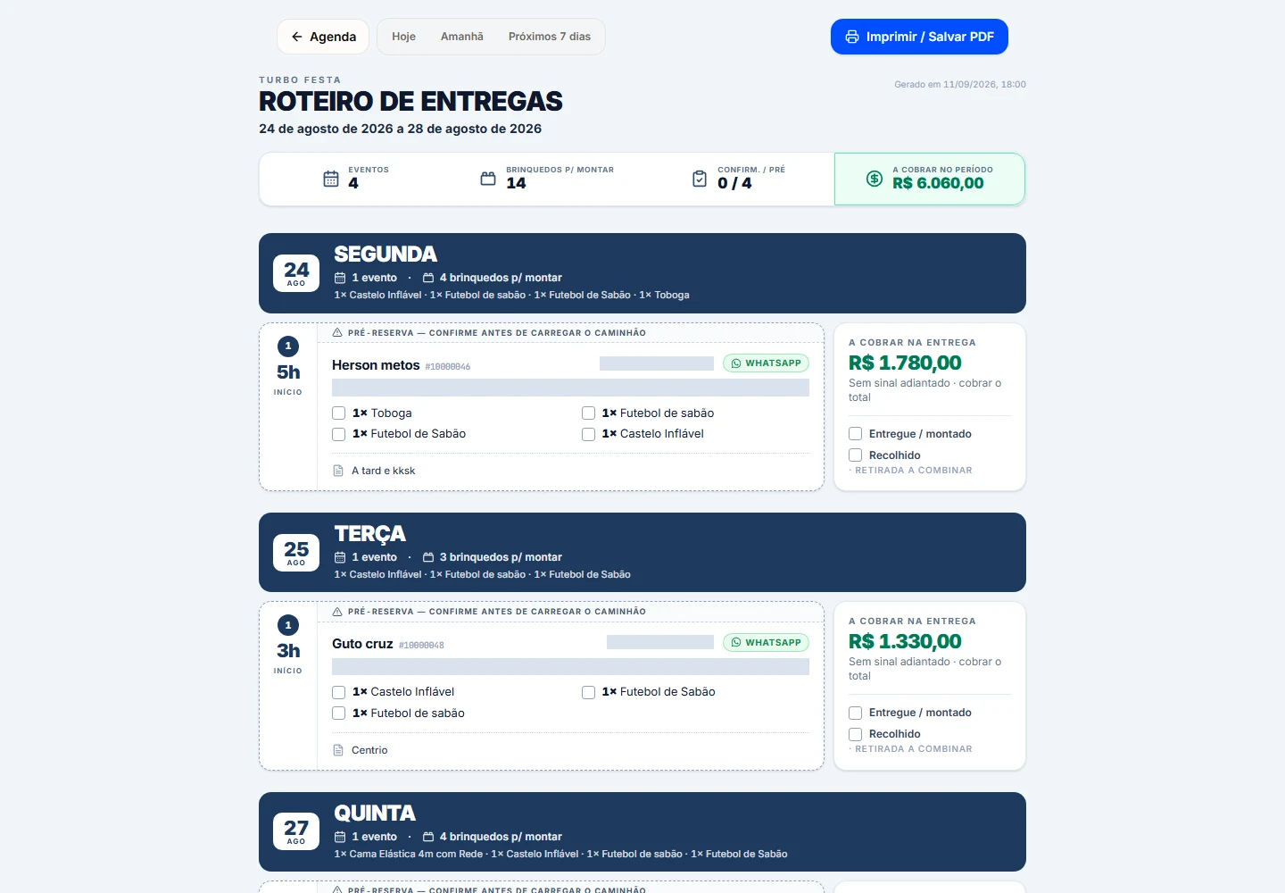 Tela do BrinqueFlow: Roteiro de entregas