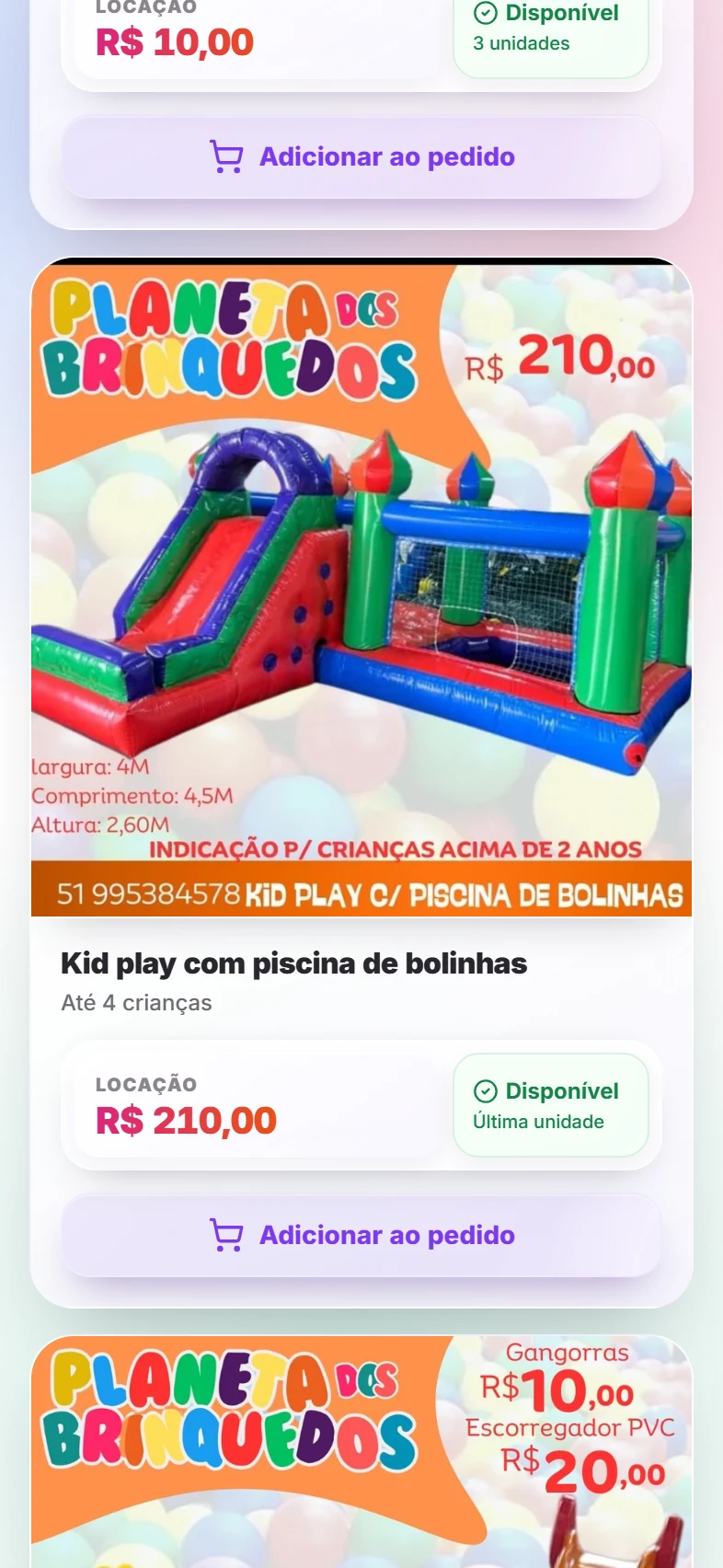 Tela real da vitrine: Escolhe os brinquedos e vê os preços
