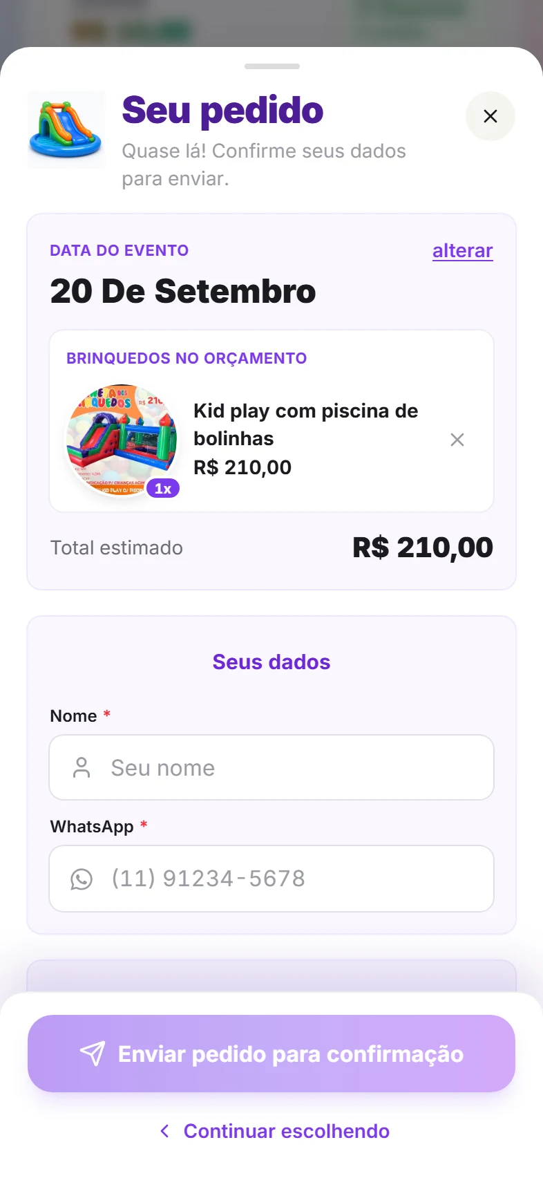 Tela real da vitrine: Confere o resumo antes de enviar